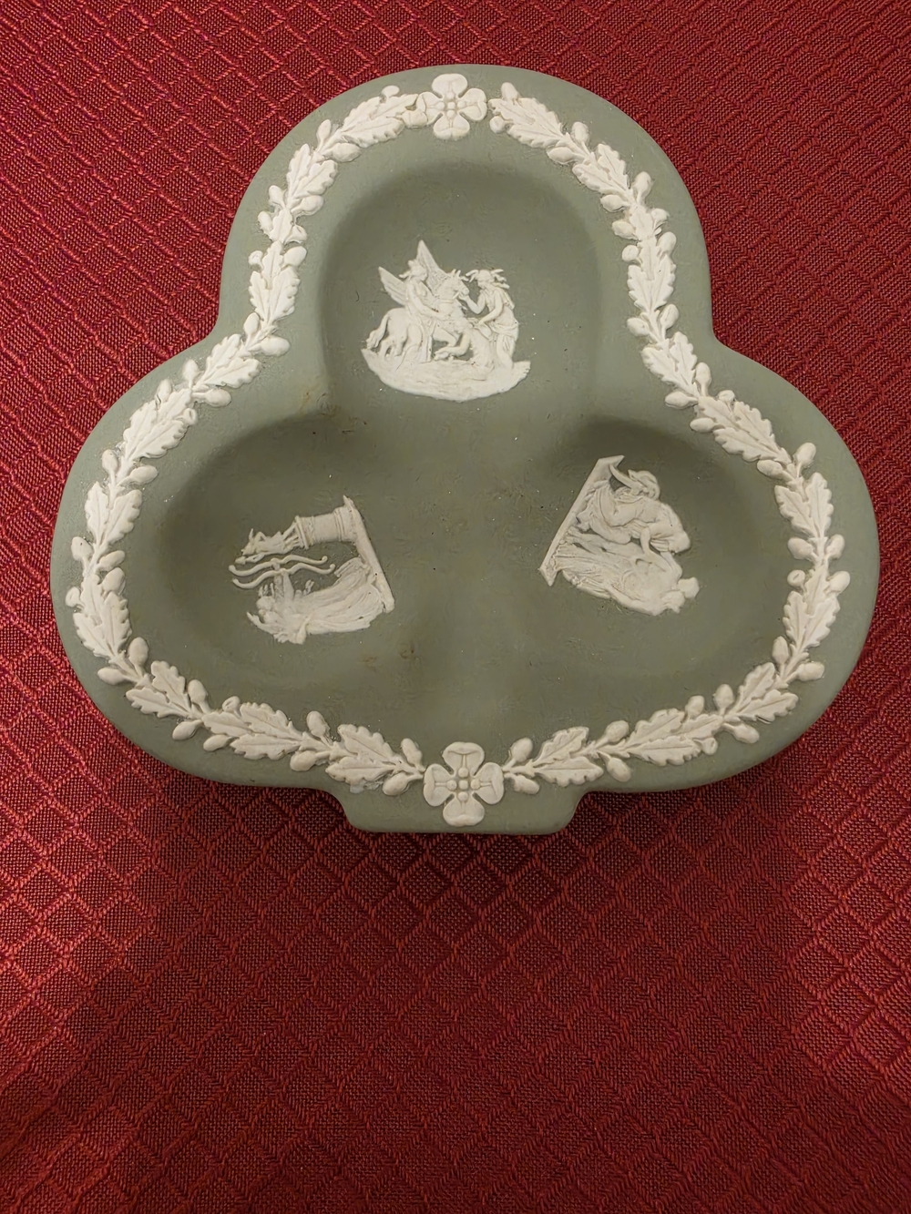 Wedgwood Sage Green Jasperware Three-Compartment Trinket Dish with White Relief